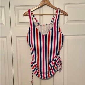 Lands' End Red, pink, blue and White Ruched Tie tankini 18